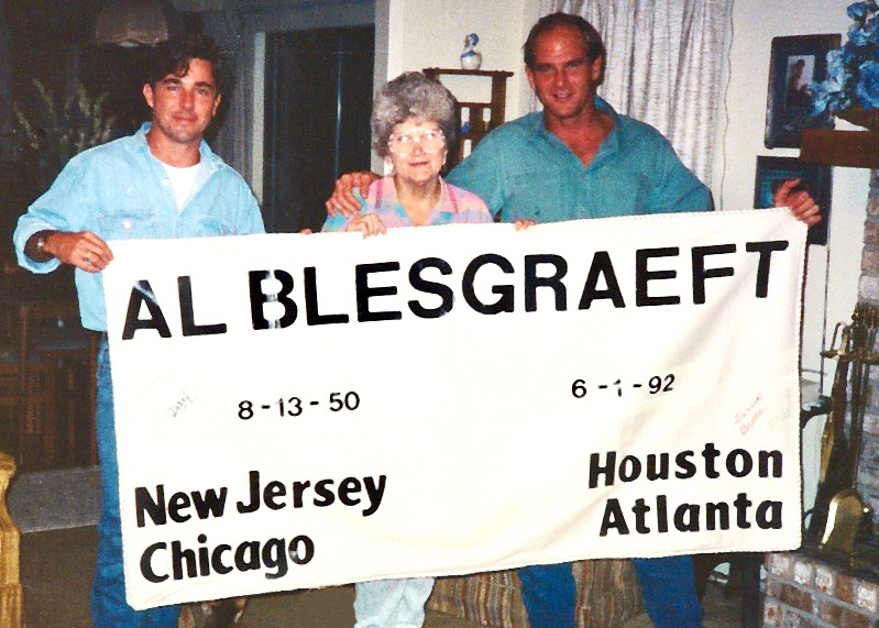 Frank Godchaux (left) holds a panel for the NAMES Project AIDS Memorial Quilt in 1994 with Doris and David Bruce in remembrance of his deceased boyfriend, Al Blesgraeft.