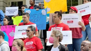 On June 11, 2024, demonstrators took part in a rally at New York City City Hall protesting HIV/AIDS budget cuts.